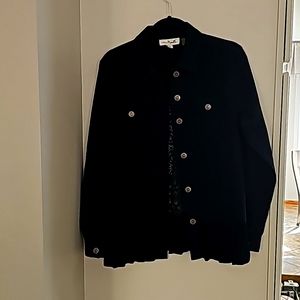 Black Simply Noelle Jean Jacket with a lace back and Rayon gathered bottom.